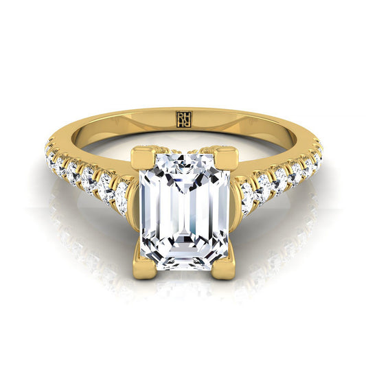 18K Yellow Gold Emerald Cut Diamond Pave Prong Linear Engagement Ring -1/2ctw