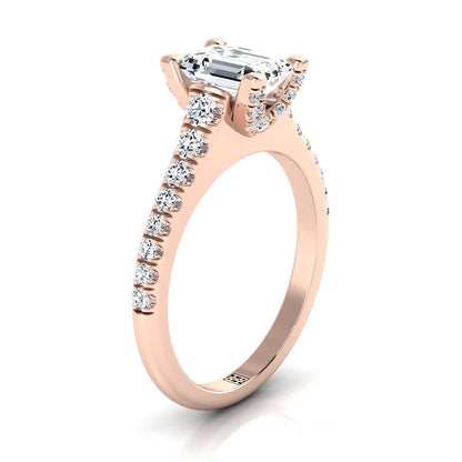 14K Rose Gold Emerald Cut Diamond Pave Prong Linear Engagement Ring -1/2ctw
