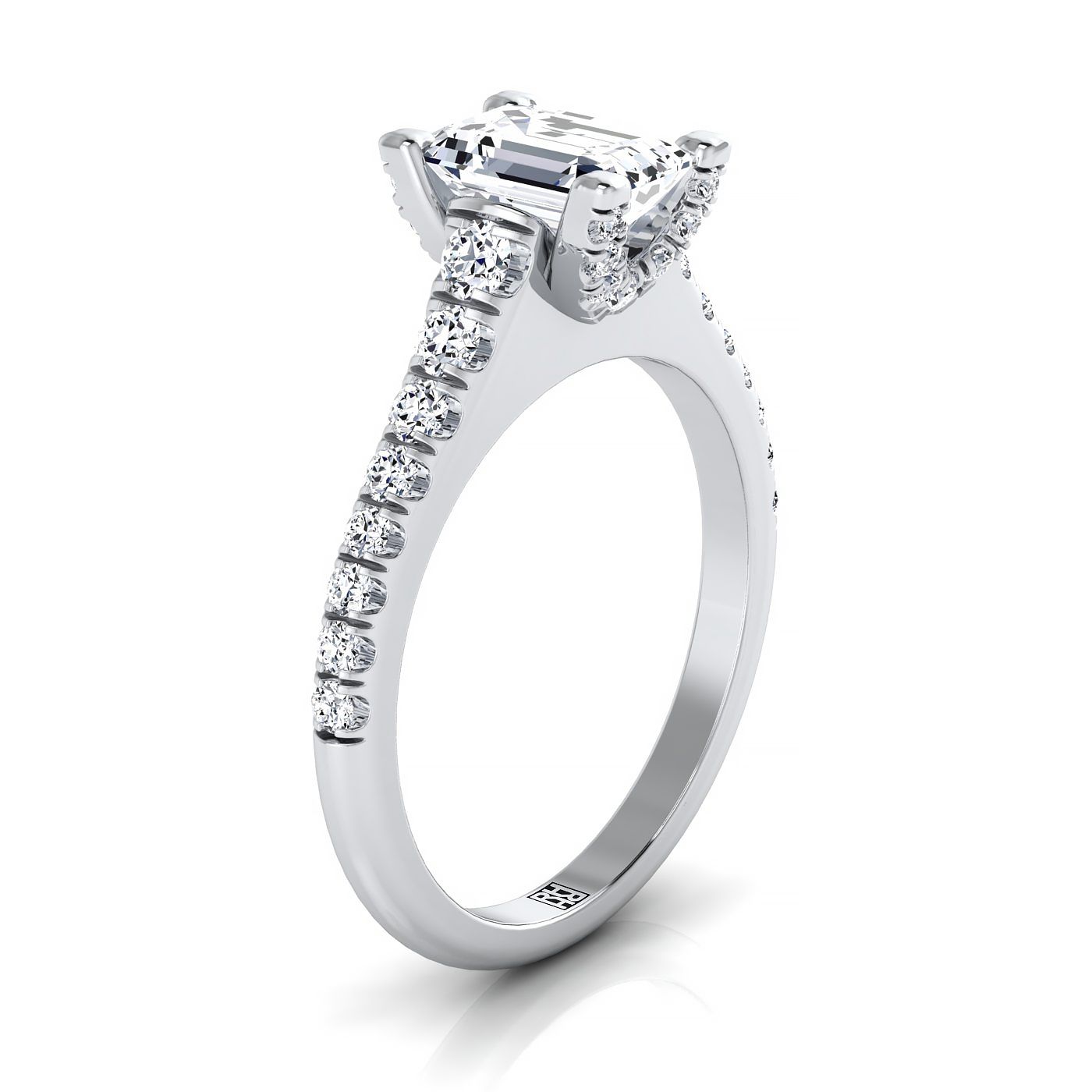 Platinum Emerald Cut Diamond Pave Prong Linear Engagement Ring -1/2ctw