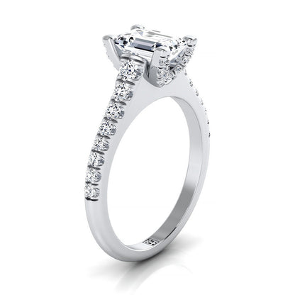 14K White Gold Emerald Cut Diamond Pave Prong Linear Engagement Ring -1/2ctw