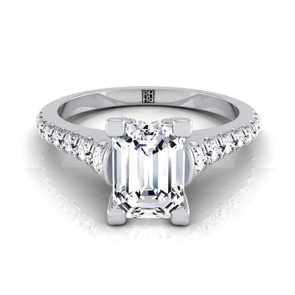 Platinum Emerald Cut Diamond Pave Prong Linear Engagement Ring -1/2ctw
