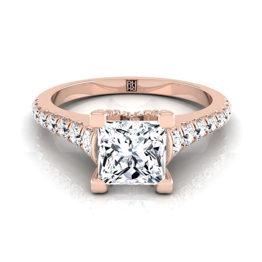 14K Rose Gold Princess Cut Diamond Pave Prong Linear Engagement Ring -1/2ctw