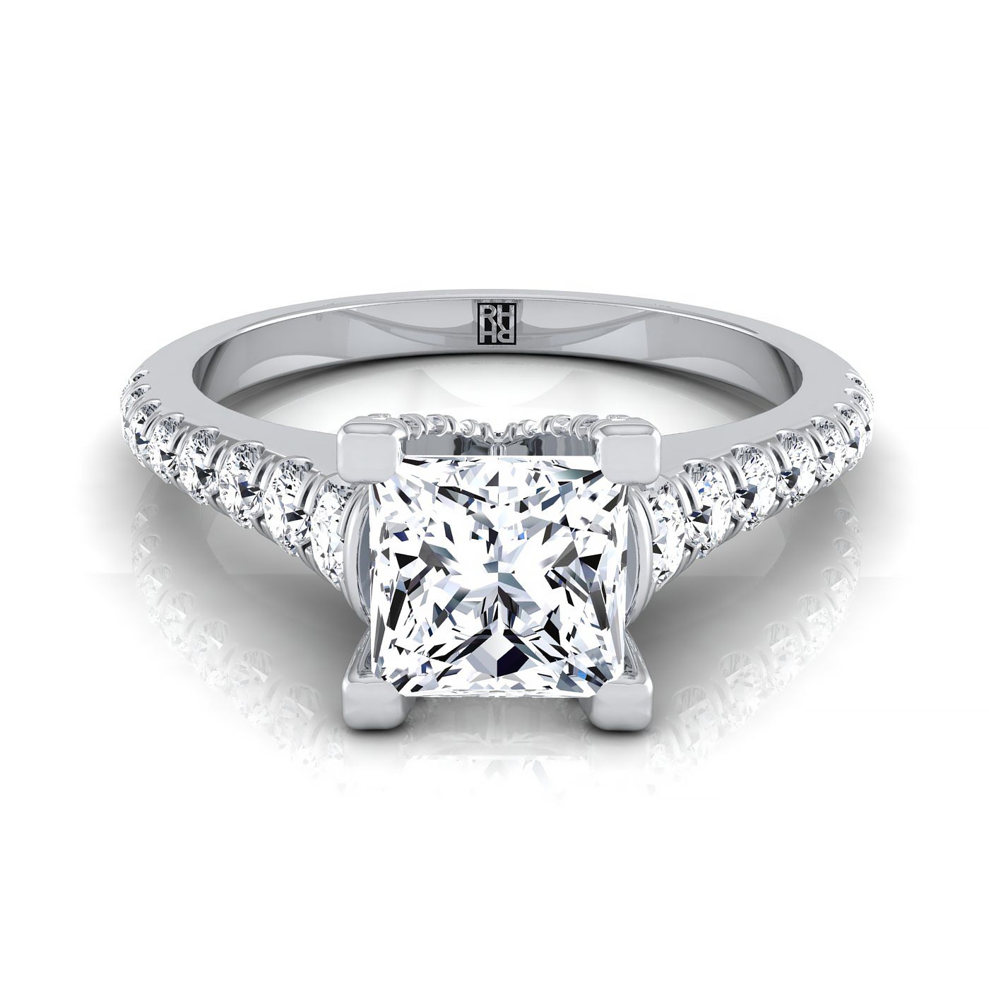 Platinum Princess Cut Diamond Pave Prong Linear Engagement Ring -1/2ctw