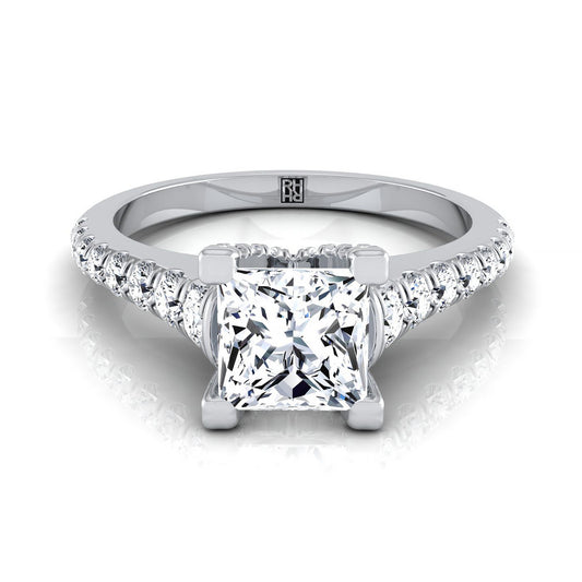 Platinum Princess Cut Diamond Pave Prong Linear Engagement Ring -1/2ctw
