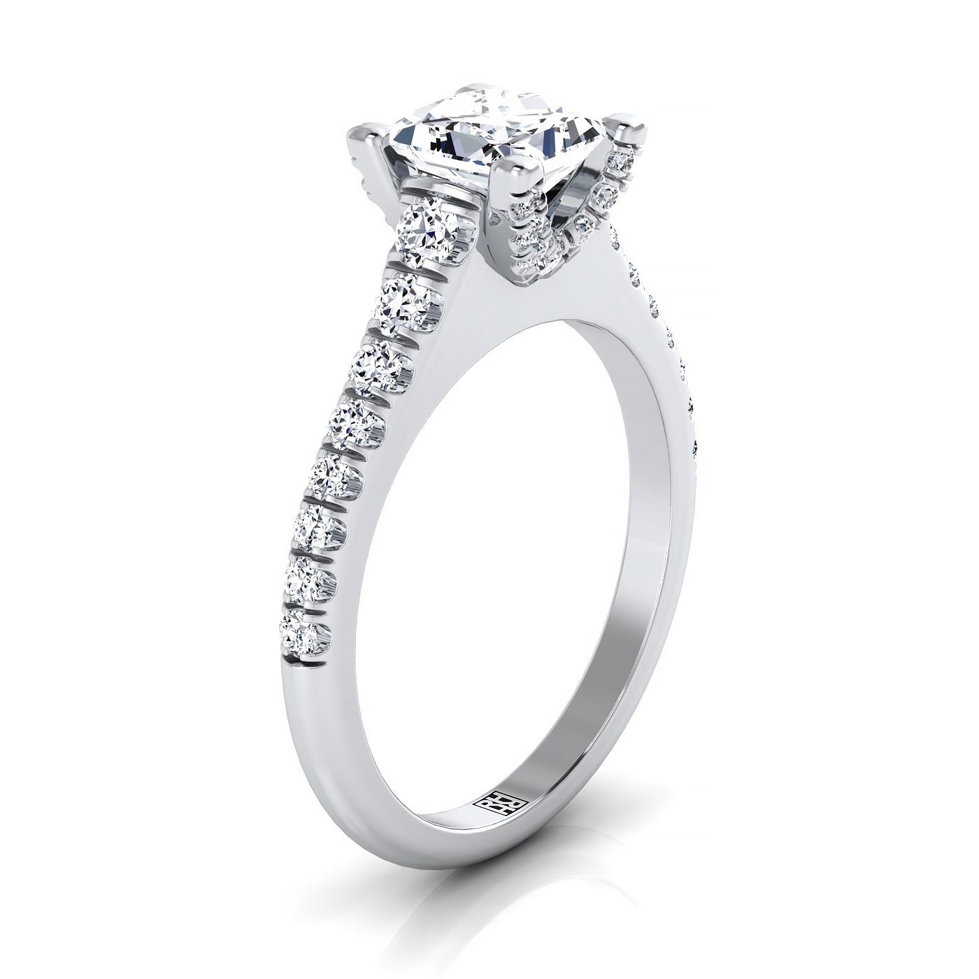 14K White Gold Princess Cut Diamond Pave Prong Linear Engagement Ring -1/2ctw