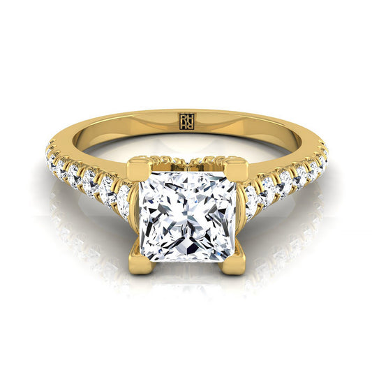 14K Yellow Gold Princess Cut Diamond Pave Prong Linear Engagement Ring -1/2ctw