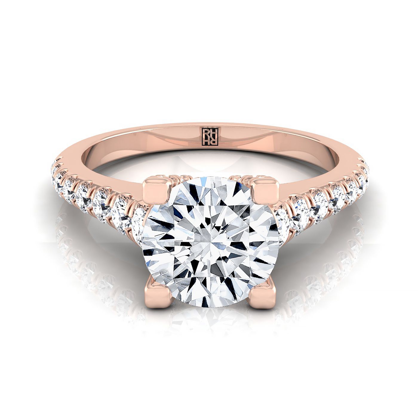 14K Rose Gold Round Brilliant Diamond Pave Prong Linear Engagement Ring -1/2ctw