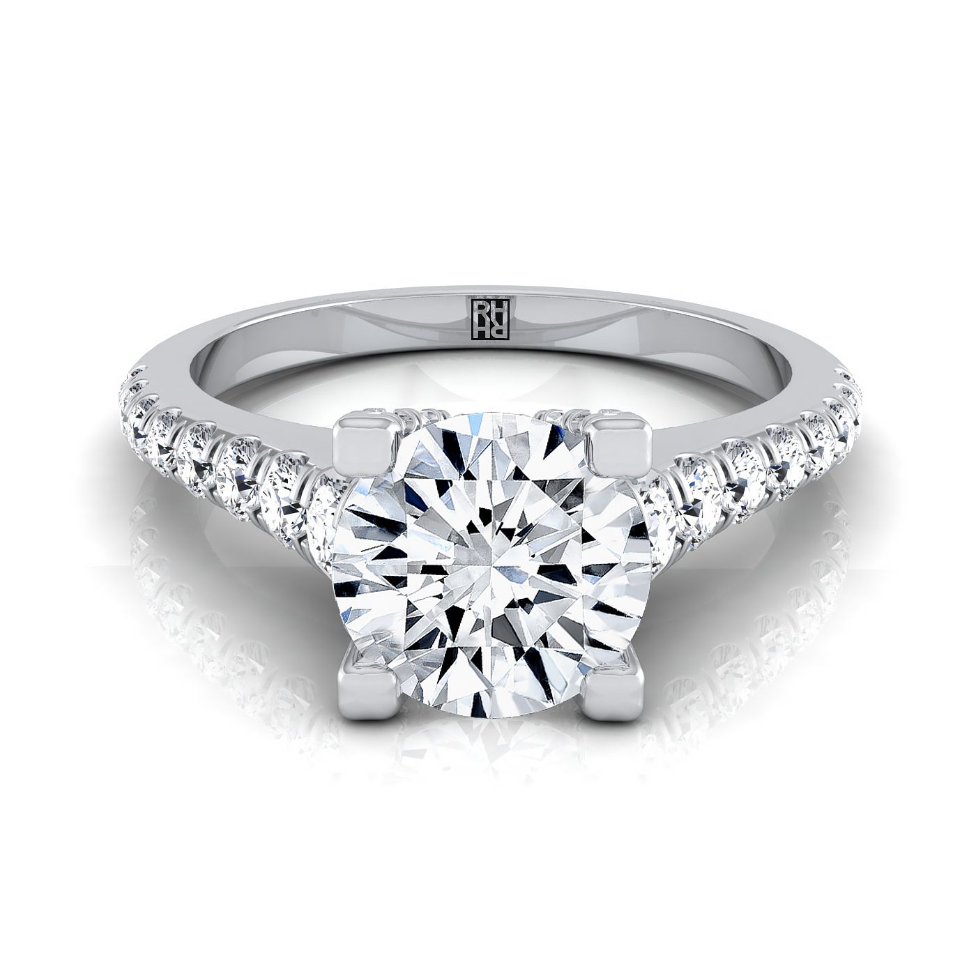 Platinum Round Brilliant Diamond Pave Prong Linear Engagement Ring -1/2ctw