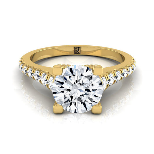18K Yellow Gold Round Brilliant Diamond Pave Prong Linear Engagement Ring -1/2ctw