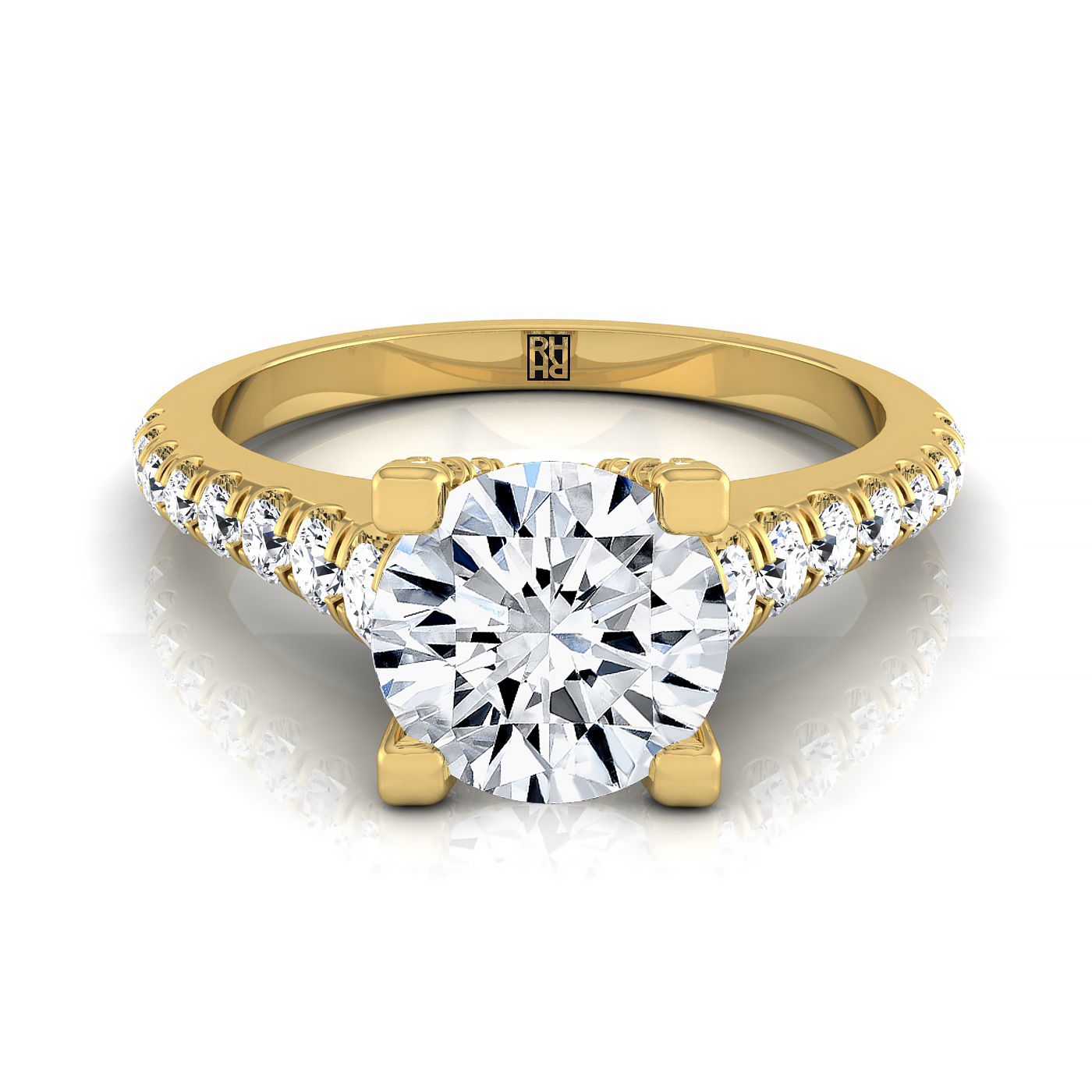 14K Yellow Gold Round Brilliant Diamond Pave Prong Linear Engagement Ring -1/2ctw