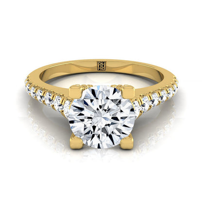 14K Yellow Gold Round Brilliant Diamond Pave Prong Linear Engagement Ring -1/2ctw