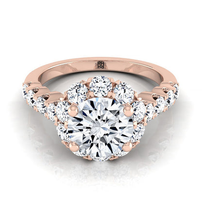 14K Rose Gold Round Brilliant Shared Prong Halo and Linear Side Set Diamond Engagement Ring -7/8ctw