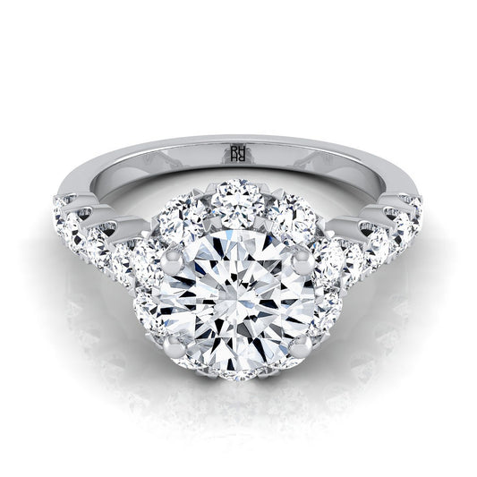Platinum Round Brilliant Shared Prong Halo and Linear Side Set Diamond Engagement Ring -7/8ctw