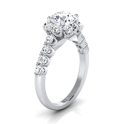 18K White Gold Round Brilliant Shared Prong Halo and Linear Side Set Diamond Engagement Ring -7/8ctw
