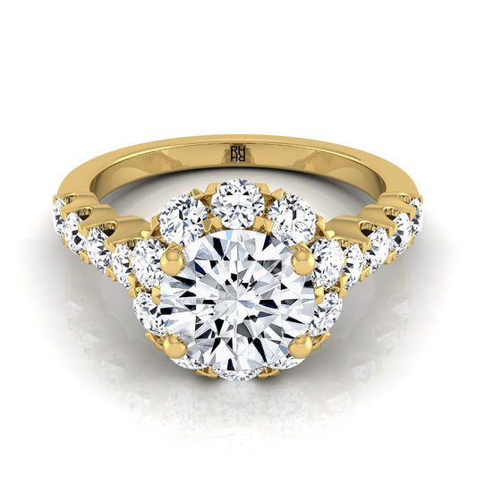 18K Yellow Gold Round Brilliant Shared Prong Halo and Linear Side Set Diamond Engagement Ring -7/8ctw