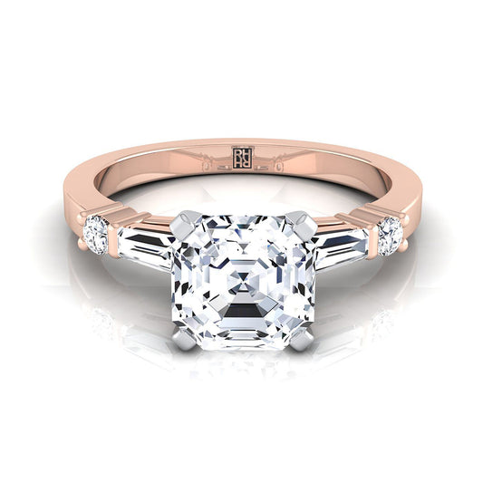 14K Rose Gold Asscher Cut Diamond Simple Baguette and Round Solitaire Engagement Ring -1/4ctw