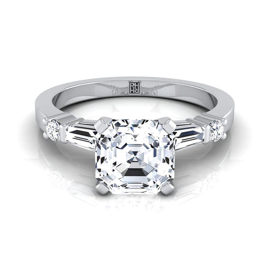 18K White Gold Asscher Cut Diamond Simple Baguette and Round Solitaire Engagement Ring -1/4ctw