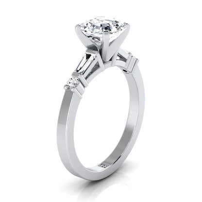 Platinum Asscher Cut Diamond Simple Baguette and Round Solitaire Engagement Ring -1/4ctw