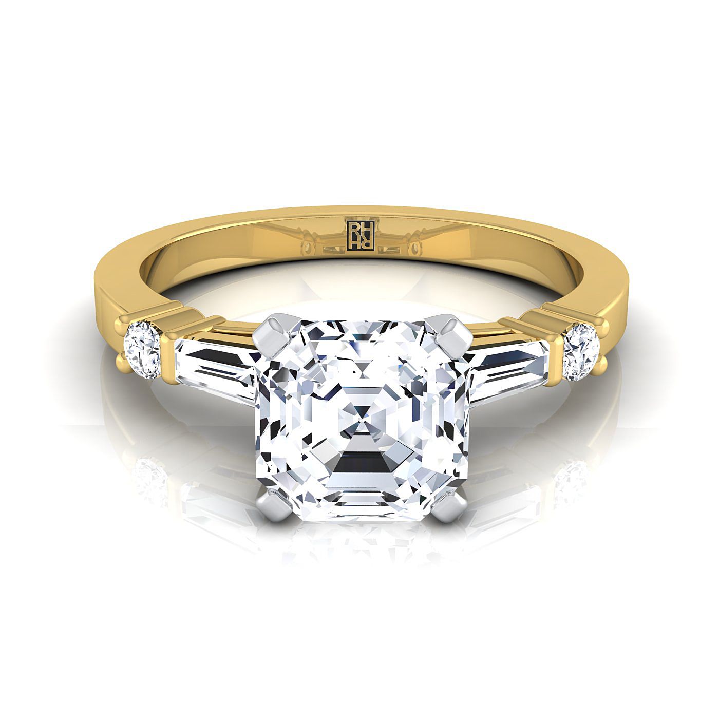 18K Yellow Gold Asscher Cut Diamond Simple Baguette and Round Solitaire Engagement Ring -1/4ctw