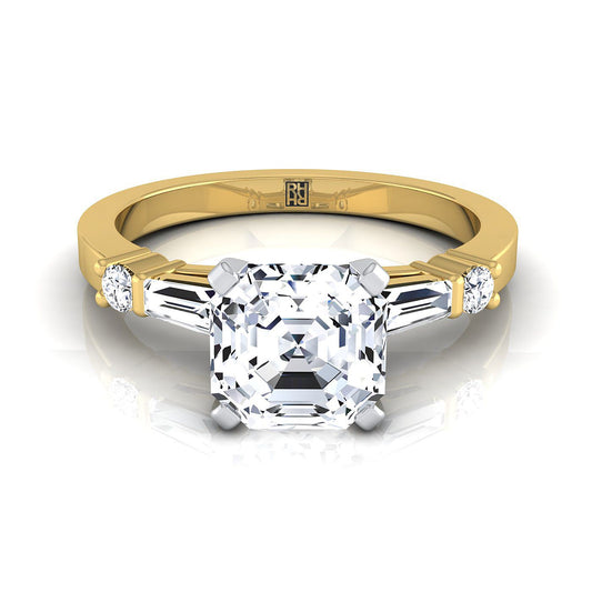 18K Yellow Gold Asscher Cut Diamond Simple Baguette and Round Solitaire Engagement Ring -1/4ctw