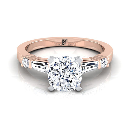14K Rose Gold Cushion Diamond Simple Baguette and Round Solitaire Engagement Ring -1/4ctw