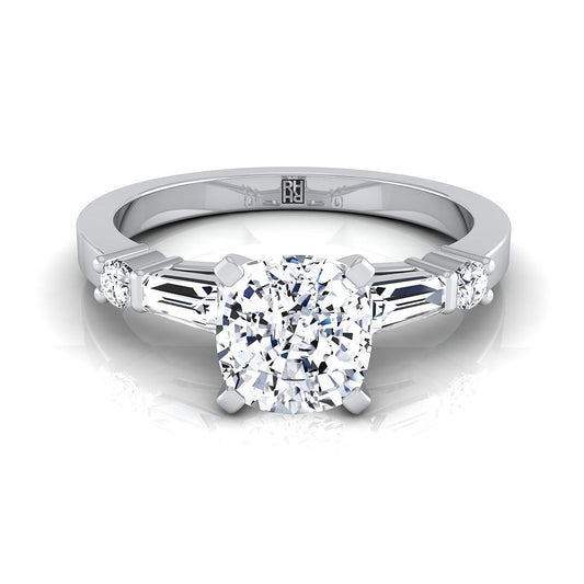 18K White Gold Cushion Diamond Simple Baguette and Round Solitaire Engagement Ring -1/4ctw