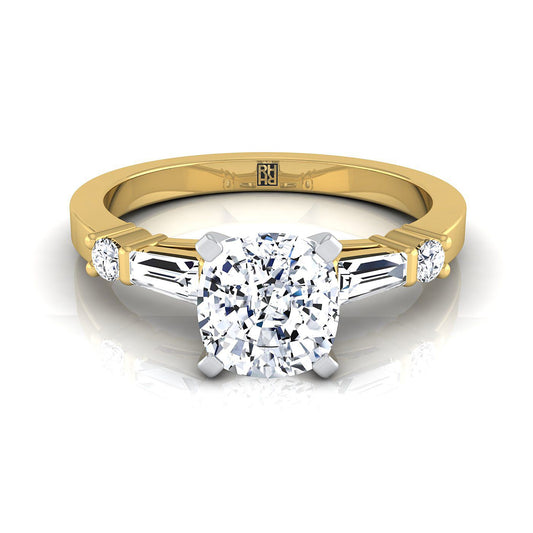 18K Yellow Gold Cushion Diamond Simple Baguette and Round Solitaire Engagement Ring -1/4ctw