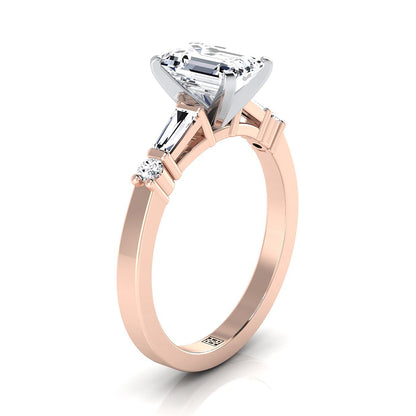 14K Rose Gold  Diamond Simple Baguette and Round Solitaire Engagement Ring -1/4ctw