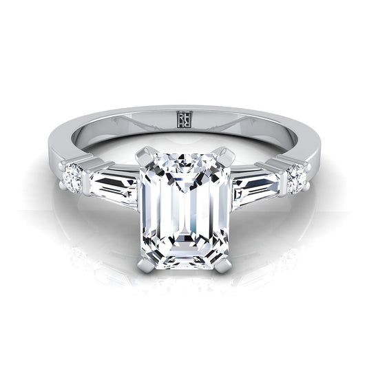 14K White Gold  Diamond Simple Baguette and Round Solitaire Engagement Ring -1/4ctw