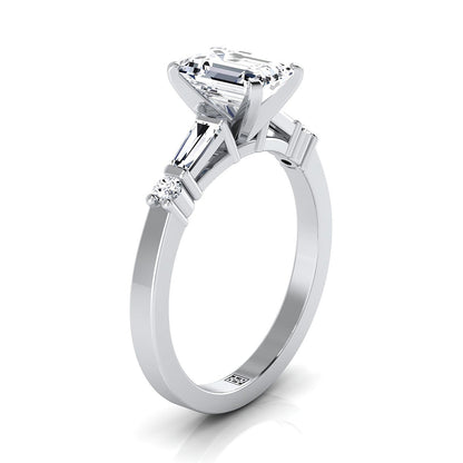 18K White Gold  Diamond Simple Baguette and Round Solitaire Engagement Ring -1/4ctw