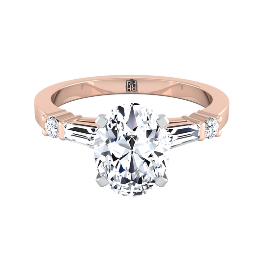 14K Rose Gold Oval Diamond Simple Baguette and Round Solitaire Engagement Ring -1/4ctw