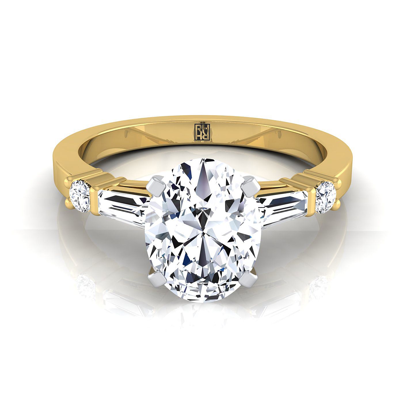 18K Yellow Gold Oval Diamond Simple Baguette and Round Solitaire Engagement Ring -1/4ctw