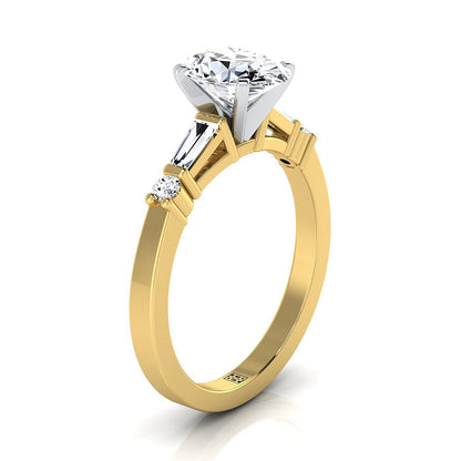 14K Yellow Gold Oval Diamond Simple Baguette and Round Solitaire Engagement Ring -1/4ctw