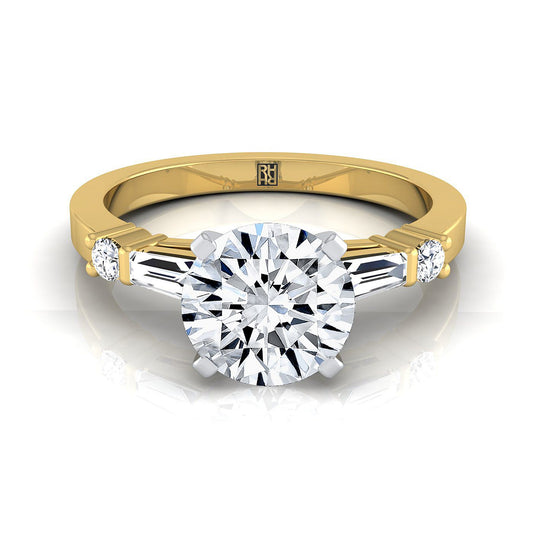 18K Yellow Gold Round Brilliant Diamond Simple Baguette and Round Solitaire Engagement Ring -1/4ctw