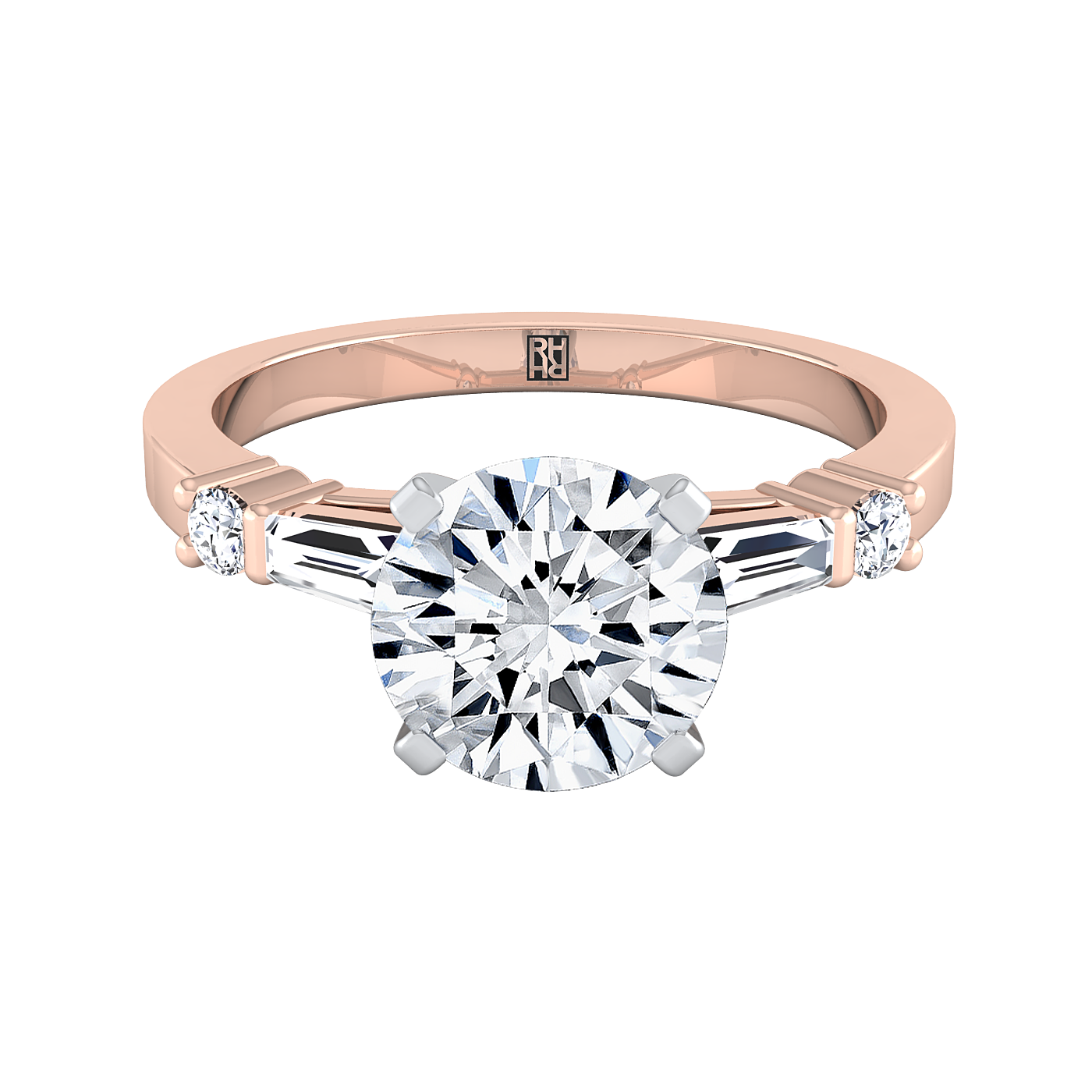 14K Rose Gold Round Brilliant Diamond Simple Baguette and Round Solitaire Engagement Ring -1/4ctw