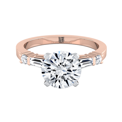 14K Rose Gold Round Brilliant Diamond Simple Baguette and Round Solitaire Engagement Ring -1/4ctw