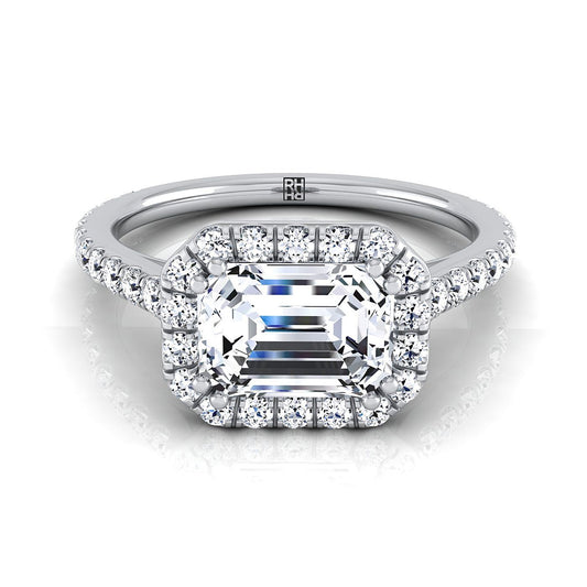 18K White Gold Emerald Cut Diamond Horizontal Fancy East West Halo Engagement Ring -1/2ctw