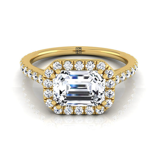 14K Yellow Gold Emerald Cut Diamond Horizontal Fancy East West Halo Engagement Ring -1/2ctw