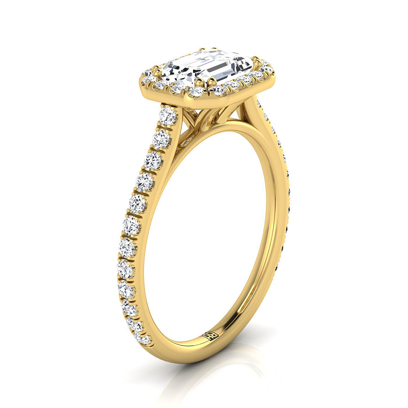 18K Yellow Gold Emerald Cut Diamond Horizontal Fancy East West Halo Engagement Ring -1/2ctw