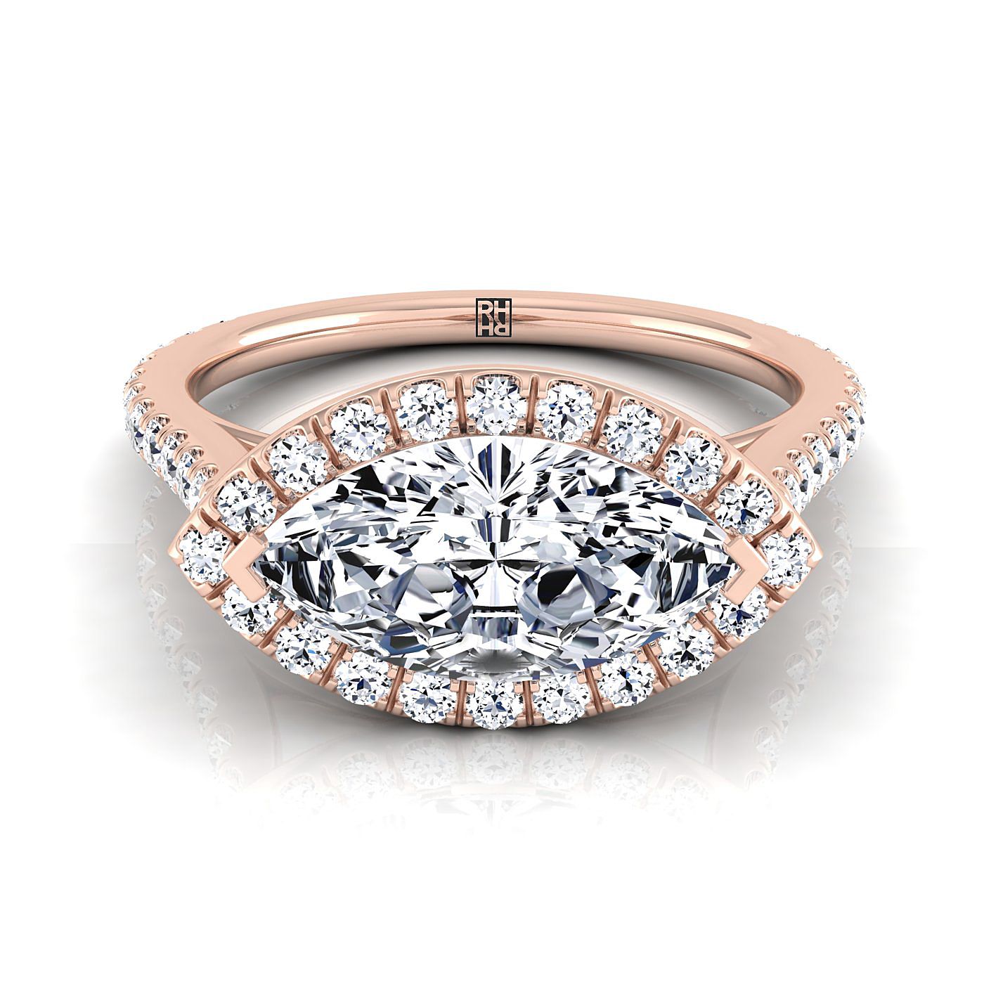 14K Rose Gold Marquise  Diamond Horizontal Fancy East West Halo Engagement Ring -1/2ctw