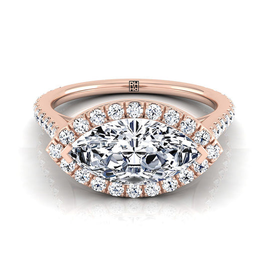 14K Rose Gold Marquise  Diamond Horizontal Fancy East West Halo Engagement Ring -1/2ctw