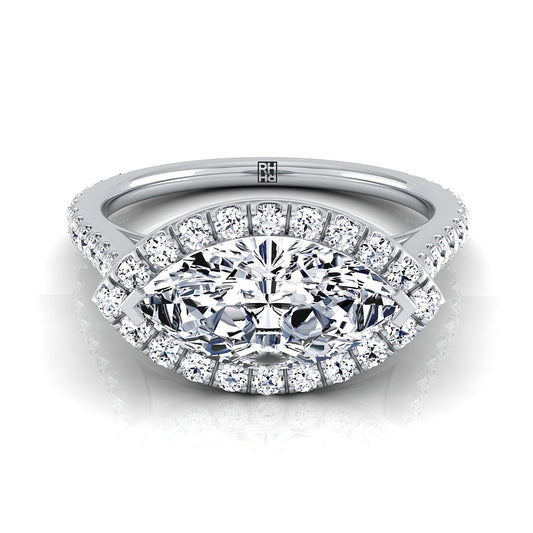 18K White Gold Marquise Diamond Horizontal Fancy East West Halo Engagement Ring -1/2ctw