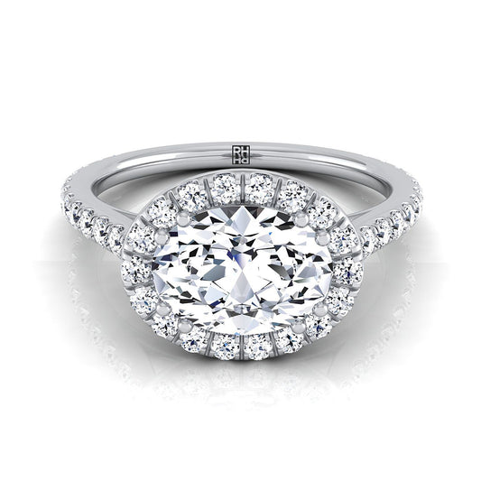 18K White Gold Oval Diamond Horizontal Fancy East West Halo Engagement Ring -1/2ctw