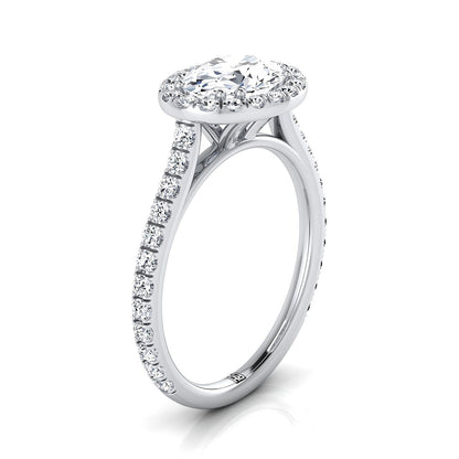 18K White Gold Oval Diamond Horizontal Fancy East West Halo Engagement Ring -1/2ctw