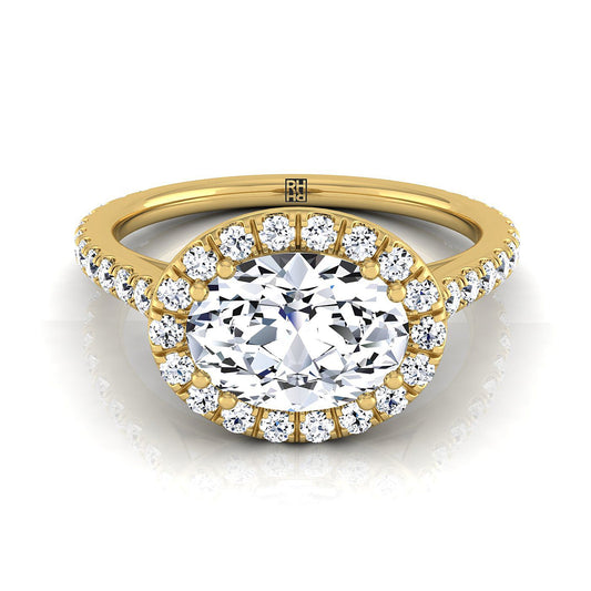 18K Yellow Gold Oval Diamond Horizontal Fancy East West Halo Engagement Ring -1/2ctw