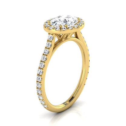 18K Yellow Gold Oval Diamond Horizontal Fancy East West Halo Engagement Ring -1/2ctw