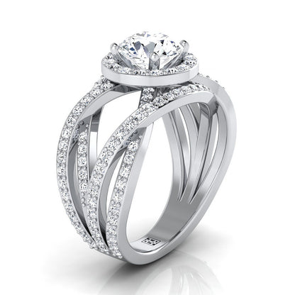 Platinum Round Brilliant Unique Open Intertwined Diamond Pave Row Engagement Ring -1ctw