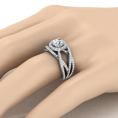 Platinum Round Brilliant Unique Open Intertwined Diamond Pave Row Engagement Ring -1ctw