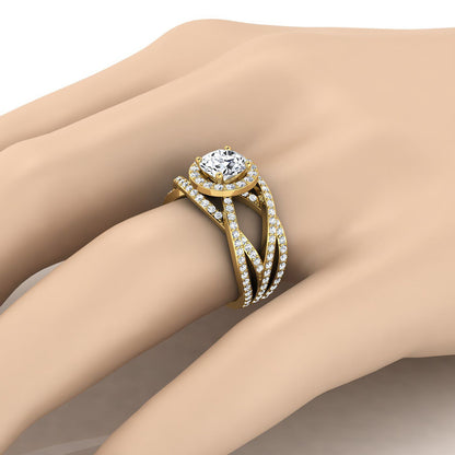 18K Yellow Gold Round Brilliant Unique Open Intertwined Diamond Pave Row Engagement Ring -1ctw