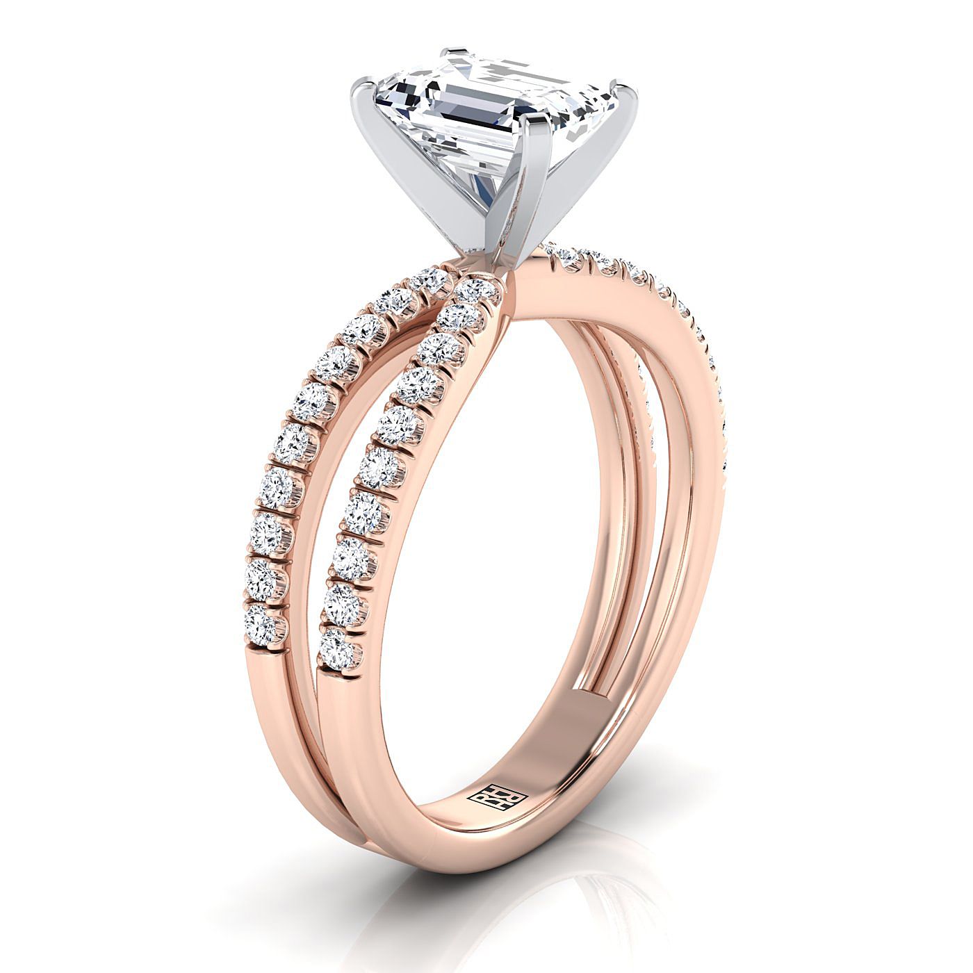 14K Rose Gold Emerald Cut Diamond Two Row Pavé Split Shank Engagement Ring -1/3ctw